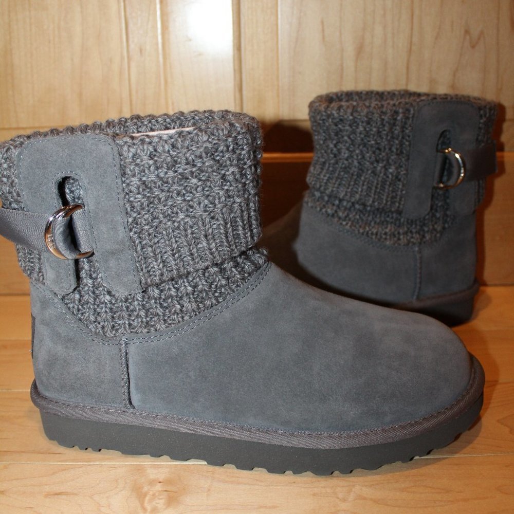 NIB‎ UGG SOLENE CLASSIC MINI SUEDE SWEATER SHEARLING BOOTS GRAY